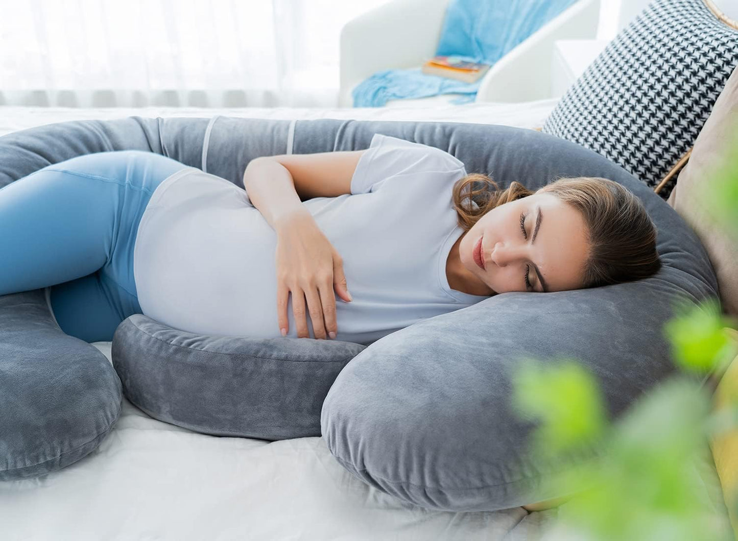 QUEEN ROSE Pregnancy Pillows - E Shaped Pregnancy Pillows for Sleeping, Detachable Body Pillow for Pregnant Side Sleeper, Grey Velvet Cover, 60in
