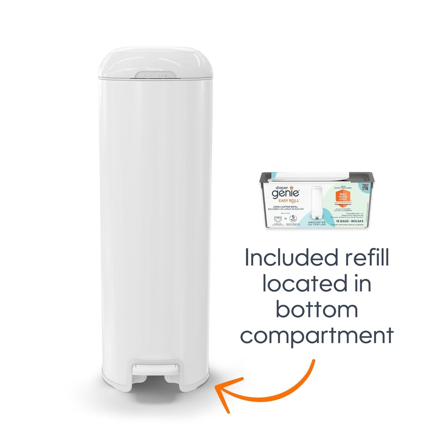 Diaper Genie Platinum Pail (Glacial Blue) is Made in Durable Stainless Steel and Includes 1 Easy Roll Refill with 18 Bags That can Last up to 5 Months.