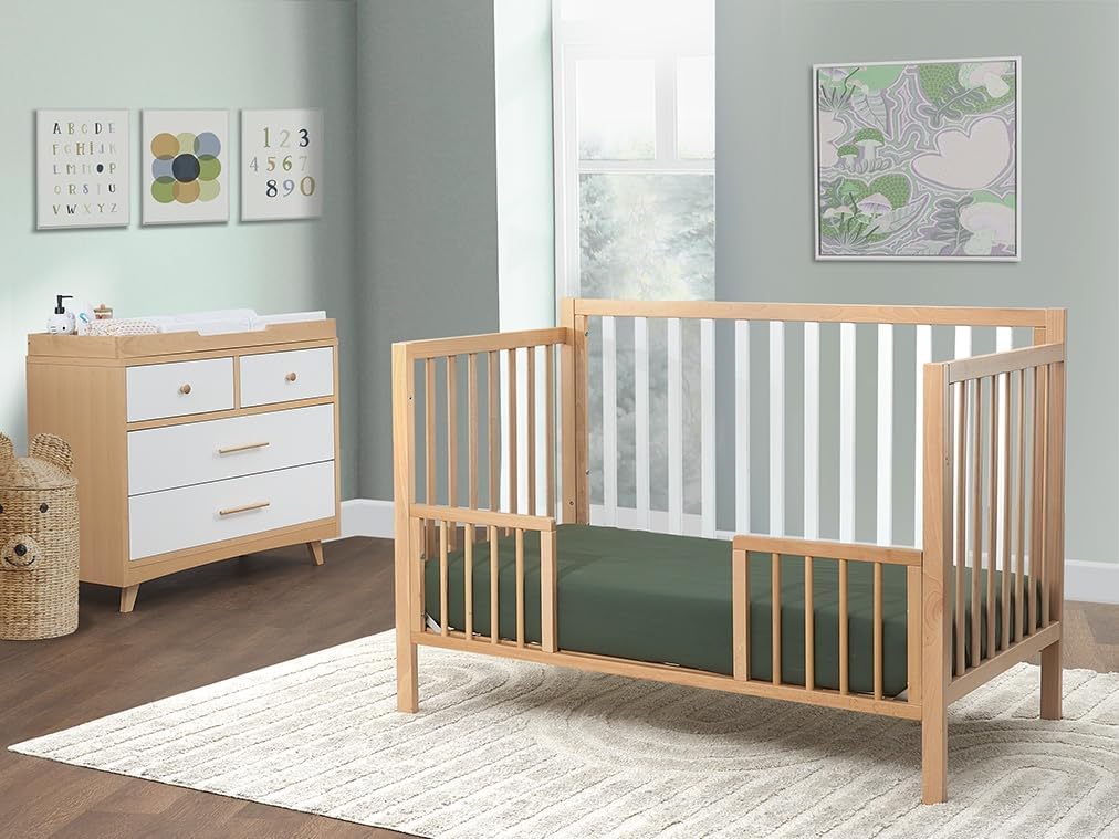 Sorelle Essex Euro 4-in-1 Convertible Crib & Changer – Nursery Furniture Set, Wooden Baby Crib with Non-Toxic Finish, Integrated, Toddler, Daybed, and Full-Size Bed Conversion Kit – White Natural