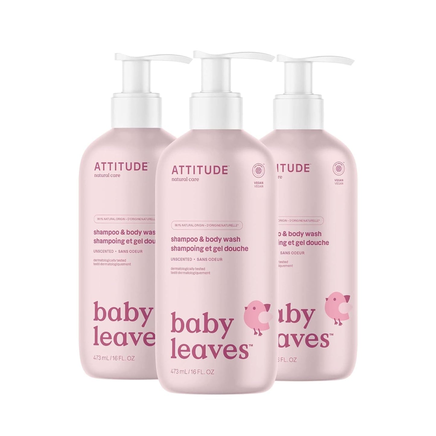 ATTITUDE 2-in-1 Shampoo and Body Wash for Baby, EWG Verified, Dermatologically Tested, Vegan, Unscented, 16 Fl Oz (Pack of 3)