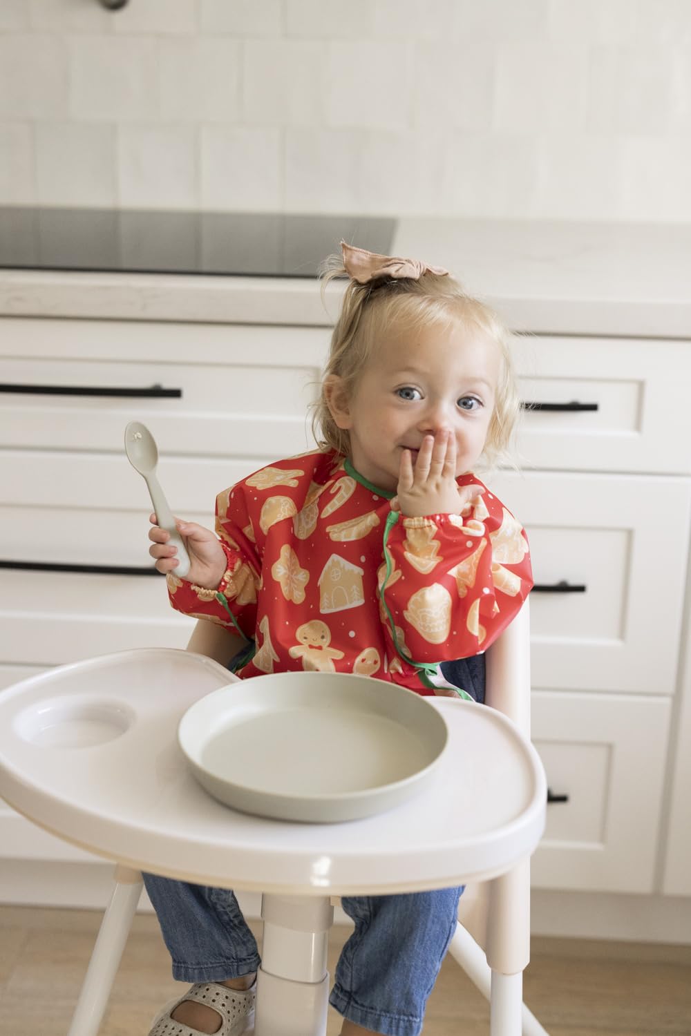 Tiny Twinkle Mess Proof Baby Bib,Waterproof Smock Baby Bib for Eating,Machine Washable Long Sleeve Bib,Baby Led Weaning,Toddler Bib Gingerbread, Small 6-24 Months