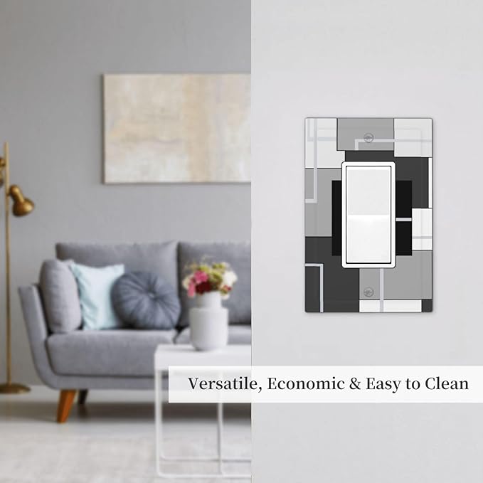 1 Gang Single GFCI/Decorator Rocker Outlet Light Switch Wall Plate Cover Modern Mid Century Aesthetics Abstract Geometric Black and White Grey Gray Decorative One Device Electrical Faceplate Dimmer