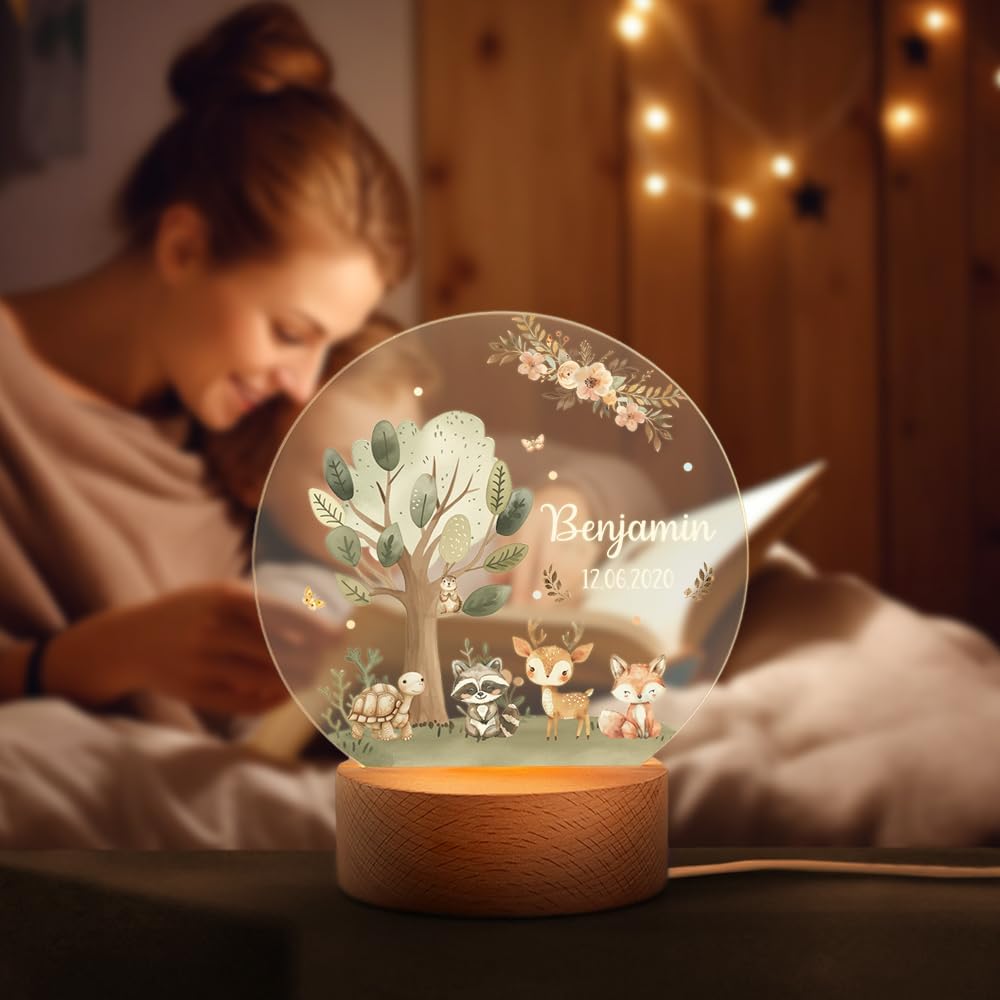callie Acrylic Night Light Name Plate Personalized, Custom Cute Fox Deer Turtle Forest Animal with Wooden Base Bedroom Decor, Birthday Gifts Kid Gifts for Family (Forest Fauna)