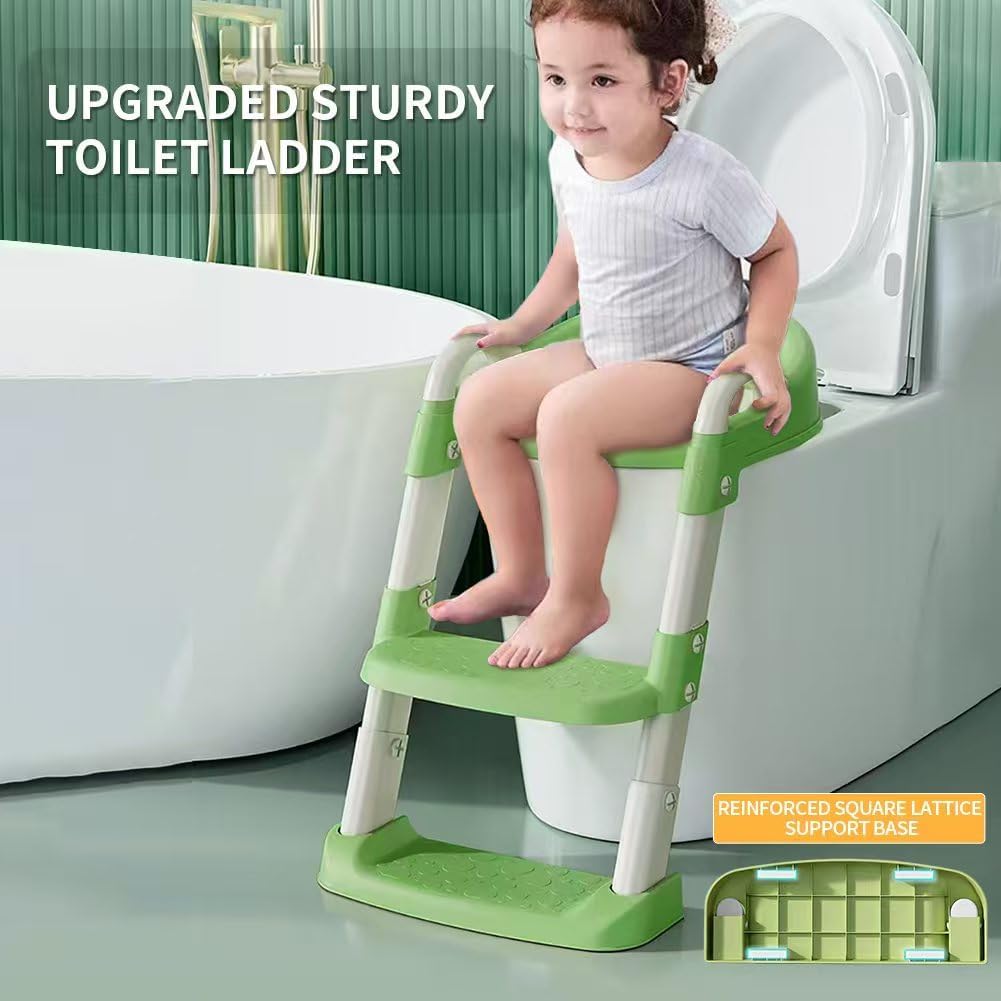 Potty Training Toilet Seat For Boys Girls, Toddler Toilet Seat With Step Stool Ladder, Foldable Toddler Potty Seat For Toilet With Non-Slip Design, Adjustable Height (Green & White)