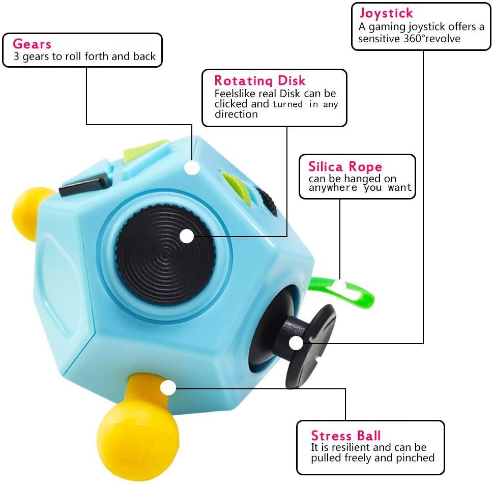 12 Sided Finger Cube Toys, Fidget Toys Relief Stress, Autism and Anxiety Depression for Kids Adults (Blue, Normal)