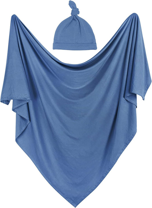 OWLOWLA Swaddle Blanket and Hat Set Newborn Swaddle Wrap Baby Receiving Blanket for Baby Boys Girls(Steel Blue)