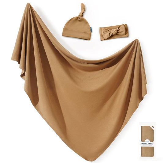 GRSSDER Newborn Swaddle Blanket, Ultra Soft Jersey Receiving Blanket with Matching Headband and Beanie Set 33×44", Stretchy Baby Neutral Swaddle Wrap for Girls and Boys