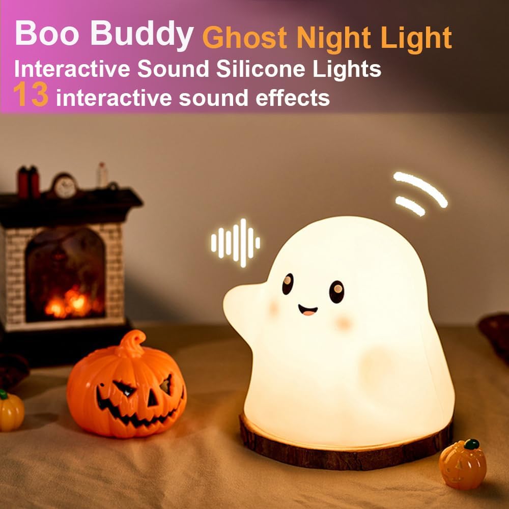 Ghost Night Light for Kids, Silicone Nursery Nightlight with 13 Interactive Sound Effects ,Halloween Decor Lamp Adjustable Dimmable Lamp with Touch Sensor Children's Christmas Gifts (white ghost 1)