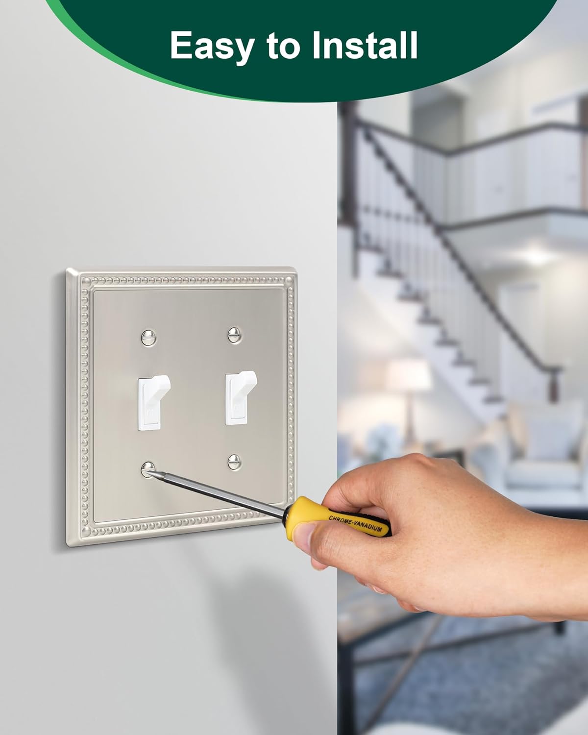 2-Pack Double Toggle Light Switch Cover Plate, Pearls Decorative Dual Switch Plate Covers, Brushed Nickel 2 Gang Metal Wall Plate, Corrosion Resistant