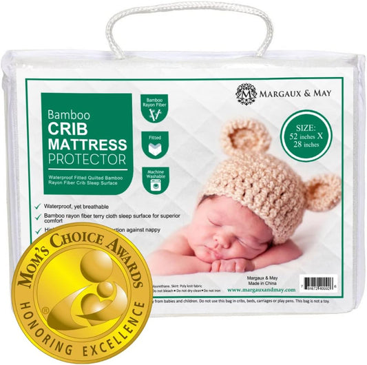 Crib Mattress Protector Pad - Ultra-Soft Waterproof Breathable Premium Bamboo Rayon - Noiseless Fitted Dryer Safe Cover. High Absorbency Oeko-TEX Certified (28 x 52 x 9 inches) MARGAUX & MAY