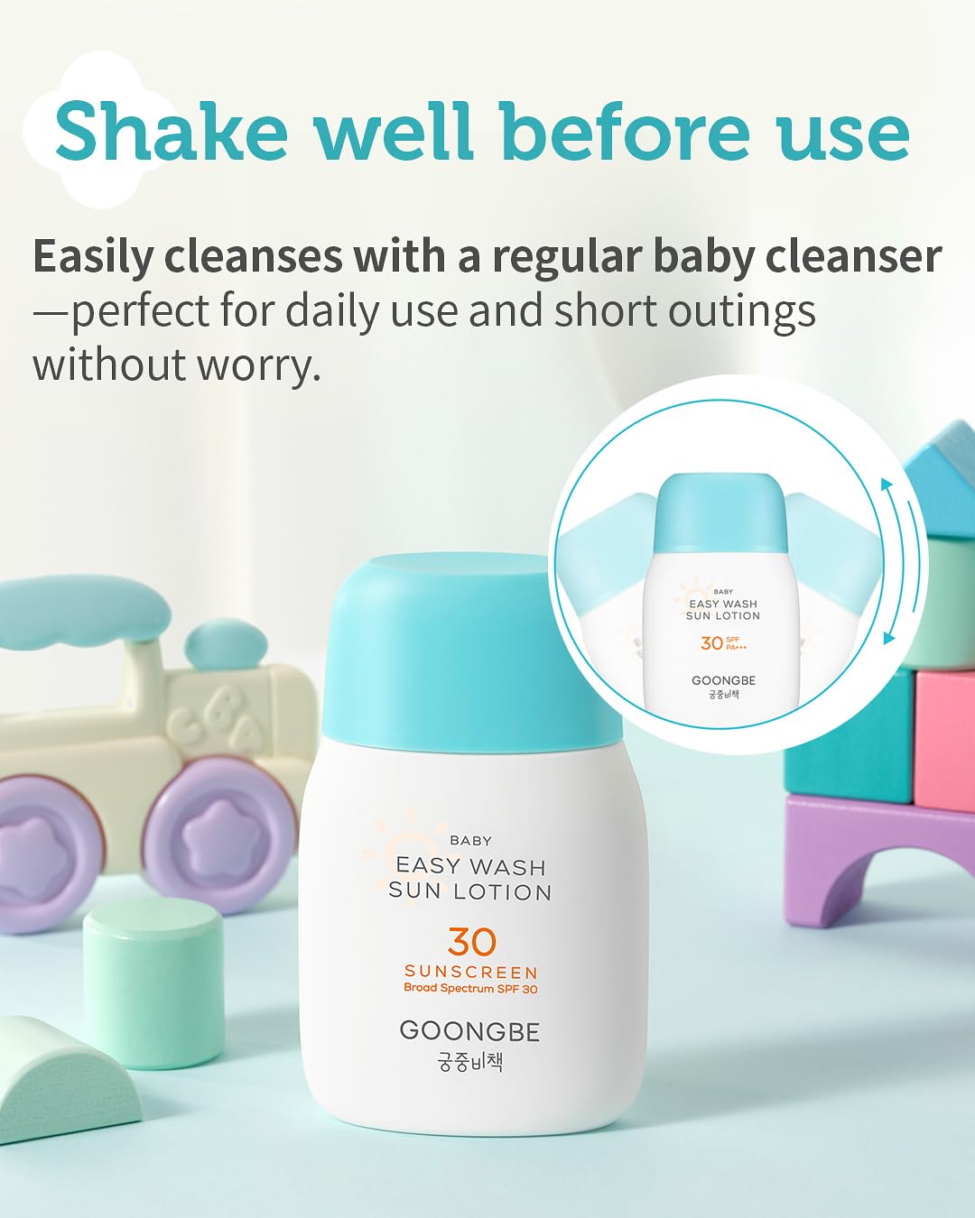 Baby Easy Wash Sun Lotion SPF 30 - Korean Moisturizing Zinc Oxide Mineral Sunscreen for Babies and Kids - Washes Off Easily - Vegan, Reef-Safe, Allergen-Free, 2.11 fl.oz.