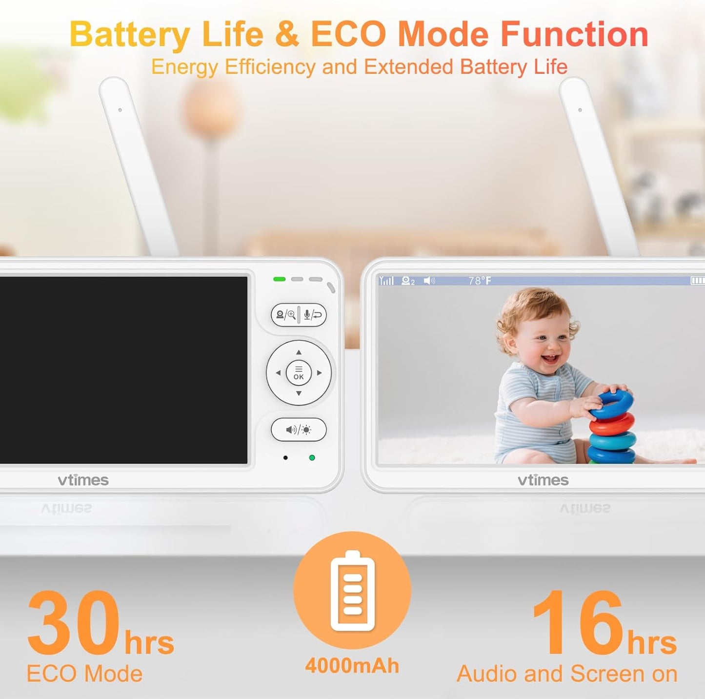 Baby Monitor with Camera and Audio, 6'' IPS Screen with 30-Hour Battery, Baby Monitor No WiFi Night Vision, ECO, 2-Way Audio, Pan-Tilt-Zoom, Baby Camera Monitor with 1000ft Range, Ideal Gift