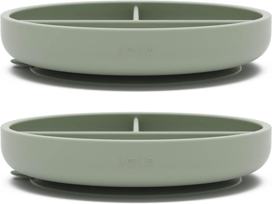 Lalo Suction Plates - 2 Pack, 100% Silicone Non-Toxic BPA-Free Baby Plates with Suction Base To Prevent Accidental Tip-Overs - Suction Plates for Toddlers With Three Divided Sections - Sage