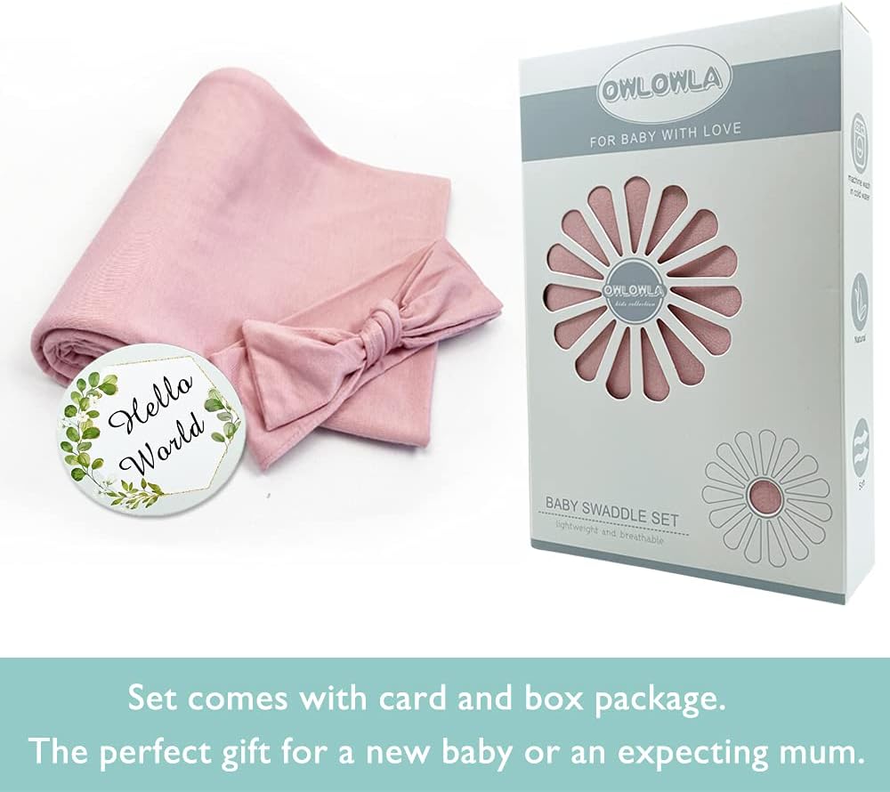 OWLOWLA Swaddle Blanket and Hat Set Newborn Swaddle Wrap Baby Receiving Blanket for Baby Boys Girls(Blush)