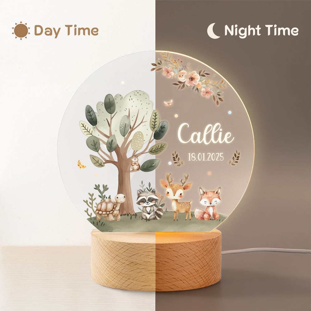 callie Acrylic Night Light Name Plate Personalized, Custom Cute Fox Deer Turtle Forest Animal with Wooden Base Bedroom Decor, Birthday Gifts Kid Gifts for Family (Forest Fauna)