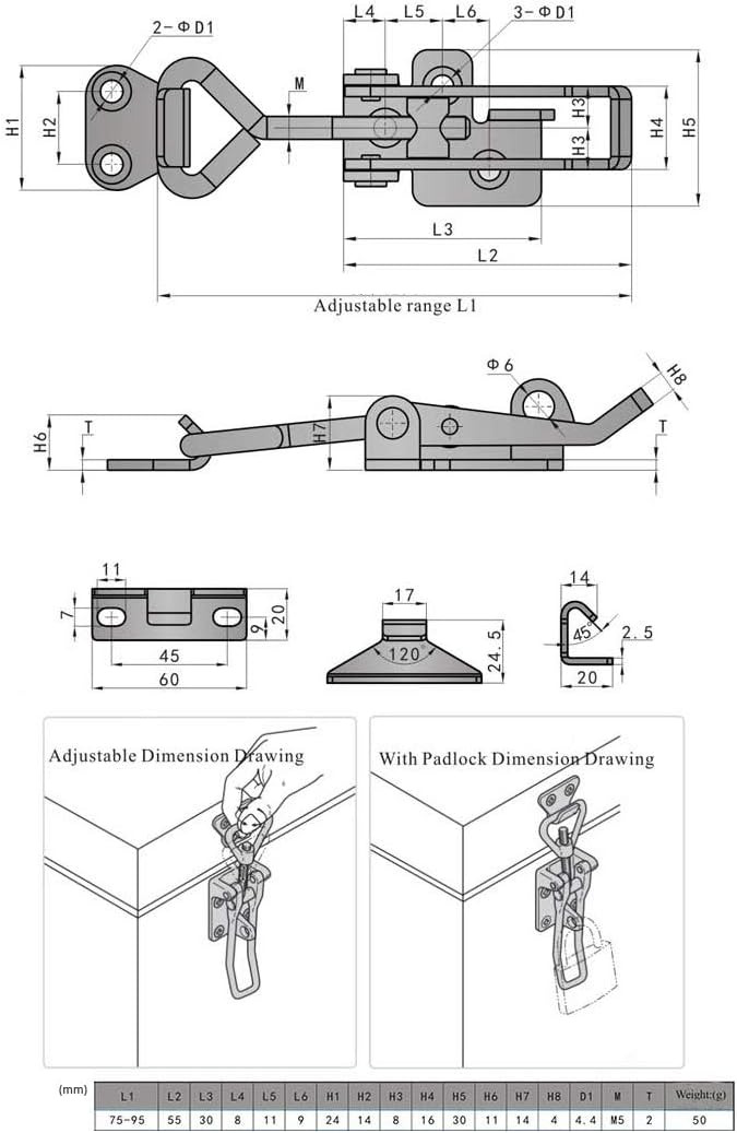 SYINE Adjustable Buckle Cabinet Boxes Lever Handle Toggle Latch Lock with Screws, 2 Pcs (SK-1S, 75-95mm)