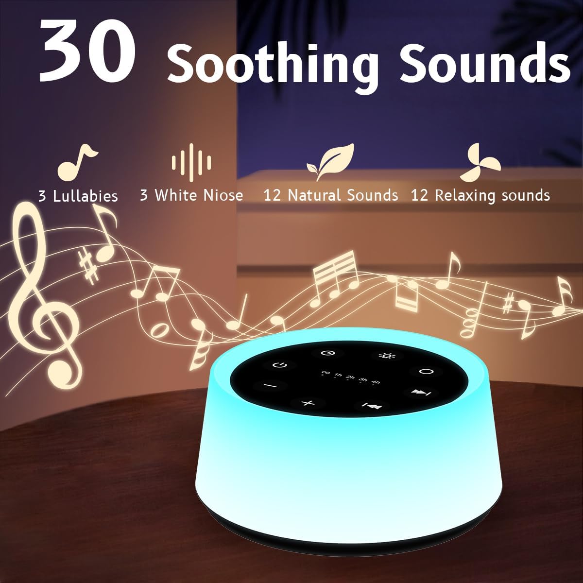 ColorsNoise Sound Machine and White Noise Machine with 30 Soothing Sounds with 12 Colors Baby Night Light with Memory Function (Black)