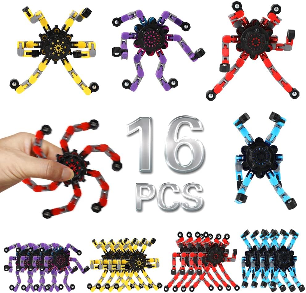 16 Pack Fidget Spinners Deformable Stress Relief Sensory Toy Robot Spinner DIY Mechanical Spiral Twister Creative Chain Gyro Toy for Goodie Bag Stuffers Party Favors Gift Prizes Novely Anxiety Toys
