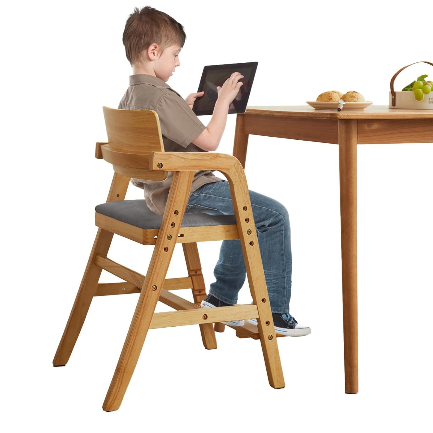 Solid Wood high Chairs for Toddlers,High Chair Grows with Kid for Dining, Study Chair for Children, Light Brown