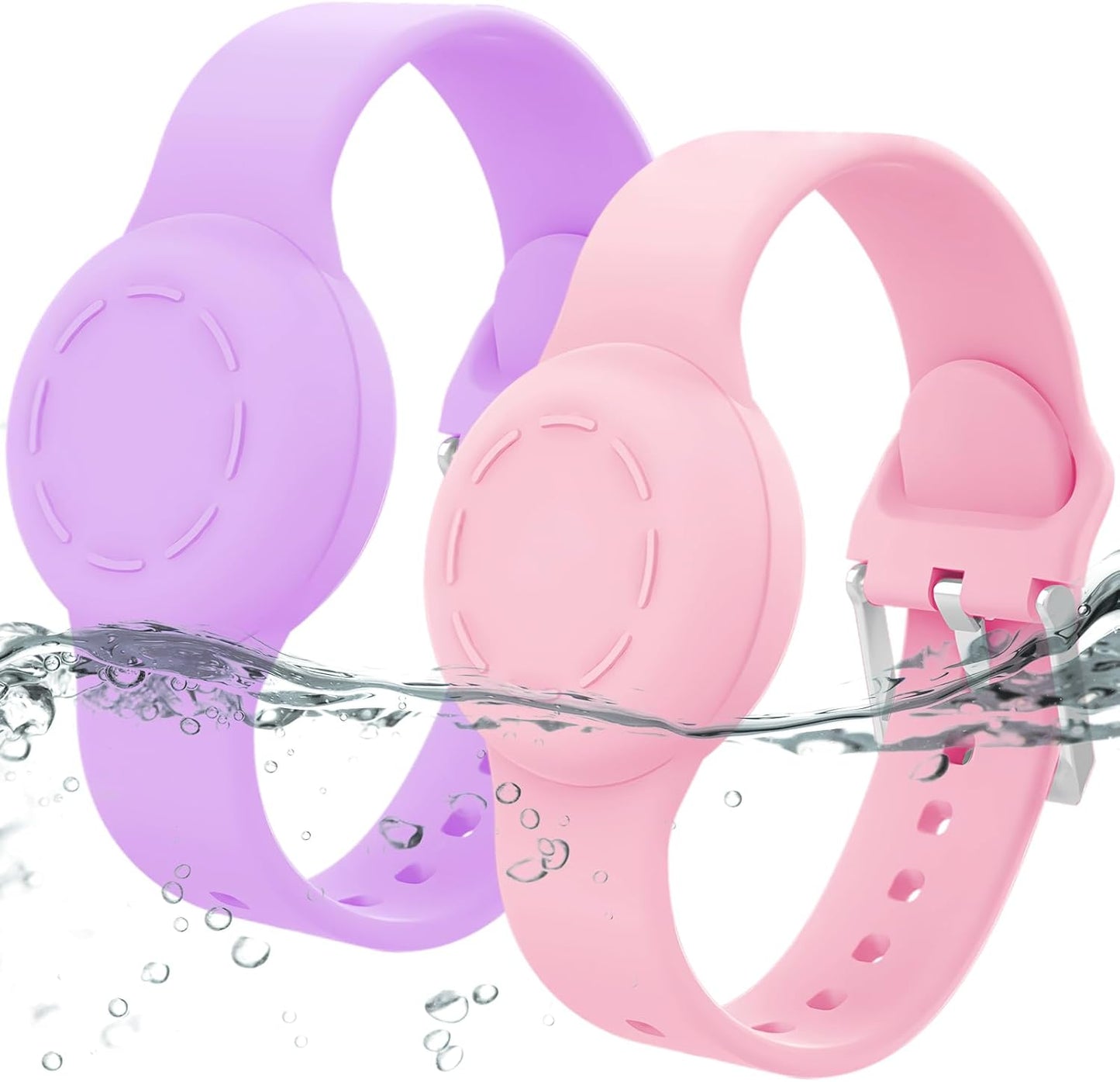 Waterproof Airtag Bracelet for Kids, Silicone Wristband Compatible with Apple Air Tag Hidden Holder Case, GPS Tracker Anti-Lost Adjustable Airtag Strap for Toddler Child (2 Pack, Pink & Purple)