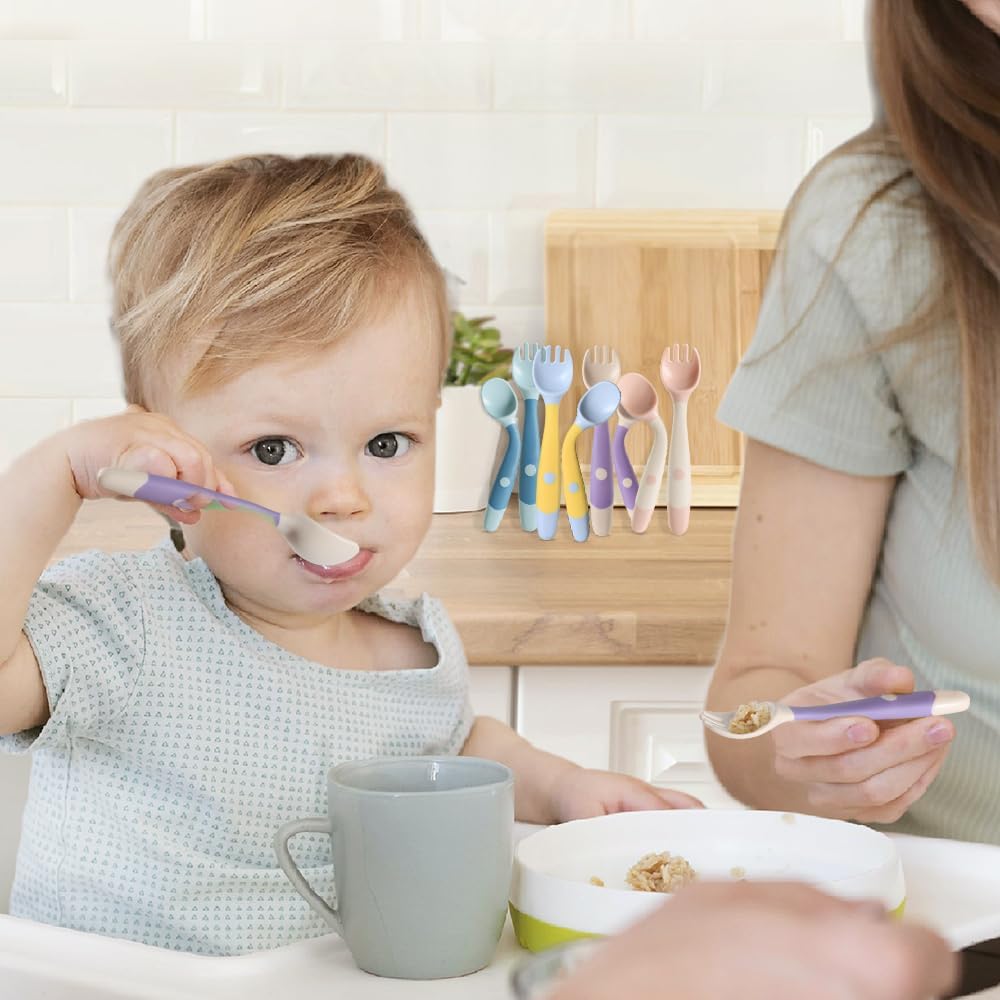 Baby Utensils Spoons and Forks Set Bendable Self-Feeding Silverware for Toddler Children with Travel Case Gum Friendly Food Grade (4 Set)