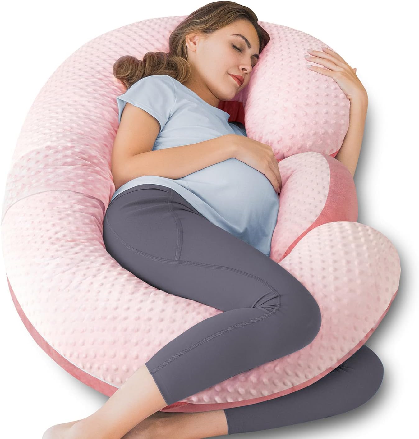 QUEEN ROSE Pregnancy Pillows - E Shaped Pregnancy Pillows for Sleeping, Detachable Body Pillow for Pregnant Side Sleeper, Pink Velvet, 60in