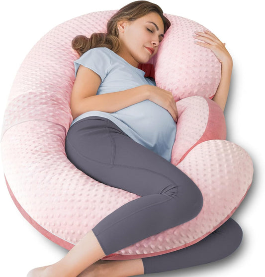 QUEEN ROSE Pregnancy Pillows - E Shaped Pregnancy Pillows for Sleeping, Detachable Body Pillow for Pregnant Side Sleeper, Pink Velvet, 60in