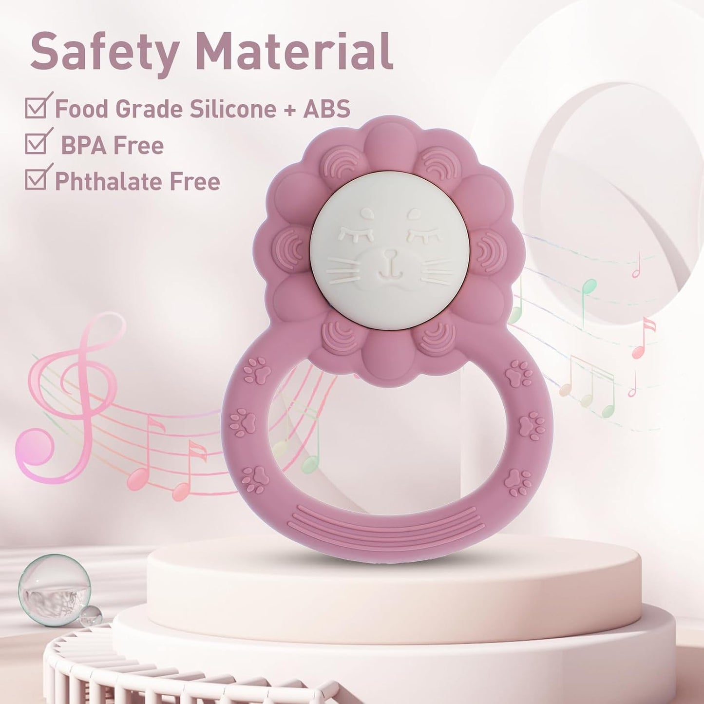 Rattle Teether, Lion Shape Montessori Baby Sensory Teething Toys, Food Grade Silicone BPA Free, Newborn Essentials Must Haves (Shifting Sand Sage)