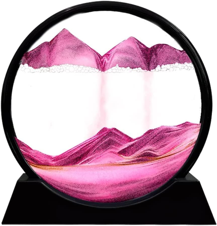 Moving Sand Art Picture 3D Deep Sea Sandscapes Sand Art Liquid Motion Bubbler Timer for Adult Kid Desktop Art Toys for Home Decor and Office(Round+Pink+7In)