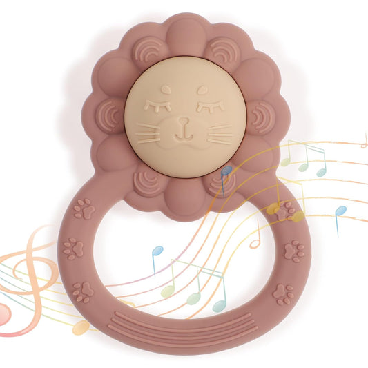 Rattle Teether, Lion Shape Montessori Baby Sensory Teething Toys, Food Grade Silicone BPA Free, Newborn Essentials Must Haves (Shifting Sand Dusty Lilac)