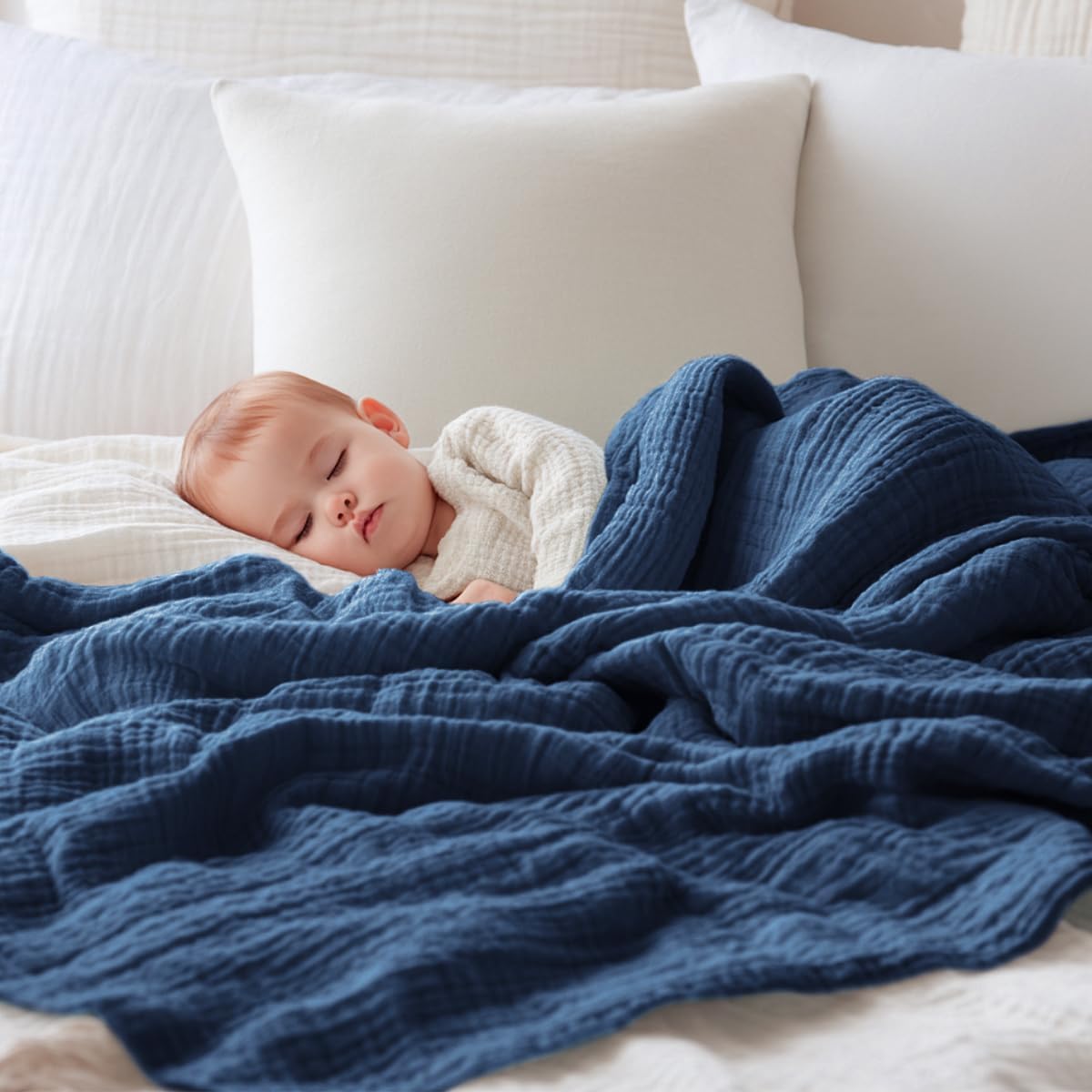 EMME Muslin Baby Blankets 100% Cotton 4-Layer Swaddle 40"x50" Lightweight Soft Breathable for Toddler, Infant, Newborn All Season Gauze Blanket, Navy Blue