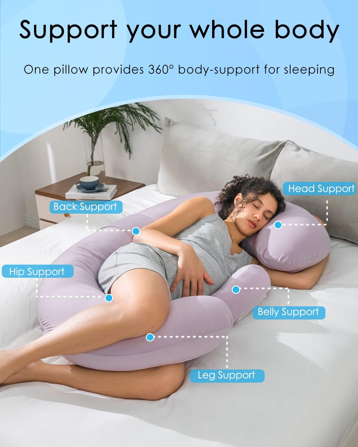 QUEEN ROSE Cooling Pregnancy Pillows,E Shaped Full Body Pillow for Sleeping, with Pregnancy Wedge Pillow for Belly Support, 60 Inch Maternity Pillow for Side Sleeper, Cooling Rayon Cover, Purple
