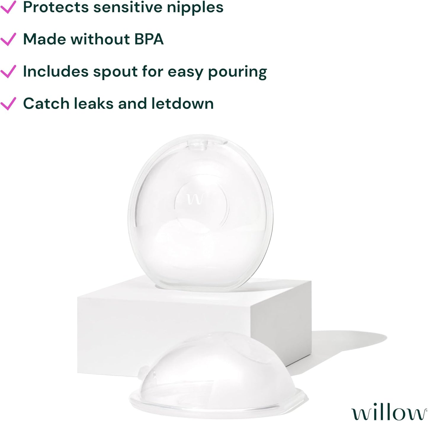 Willow Catch-All Milk Cups, 2 Pack, Wearable Milk Collector for Nursing Moms; Breast Shells for Milk Collection and Protects Sensitive Nipples, Made from BPA-Free and Food-Safe Silicone