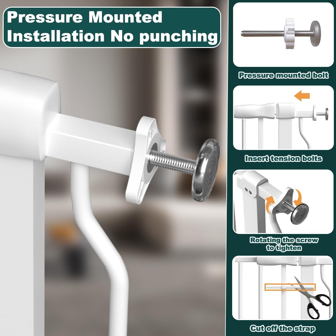 TSAYAWA Walk Through Baby Gate with Door, 62-67 Inch Wide Presure Mounted No Drill Metal Auto Close Child Gate for Stair Doorway - Indoor Outdoor Safty Gate for Toddler Dog Doggie, White