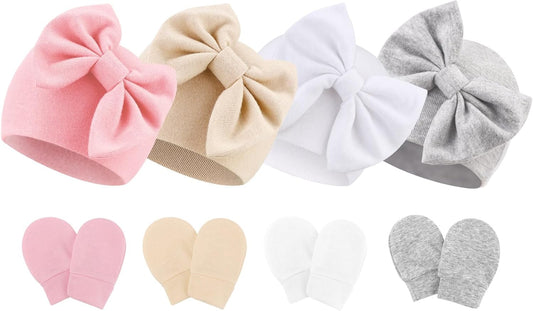 BQUBO Newborn Baby Hats Mittens Set Hospital Hat Beanie Infant Bow Hats Baby Gloves No Scratch Mittens for 0-6 Months
