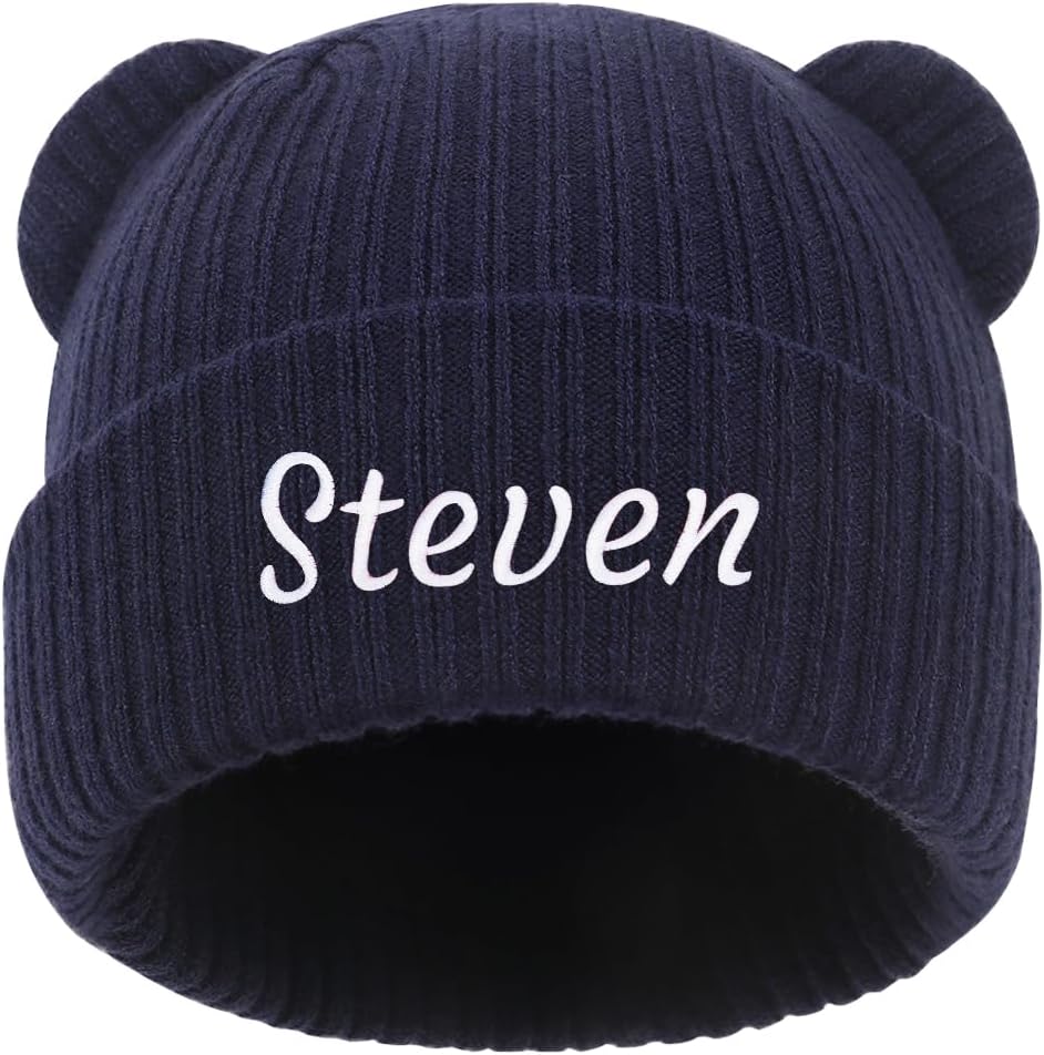 Personalized Baby Beanies Hats, Custom Embroidered Name Knitted Toddler Winter Bear Ear Hat