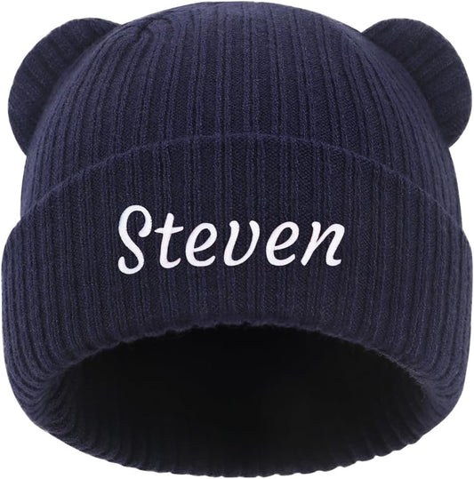 Personalized Baby Beanies Hats, Custom Embroidered Name Knitted Toddler Winter Bear Ear Hat