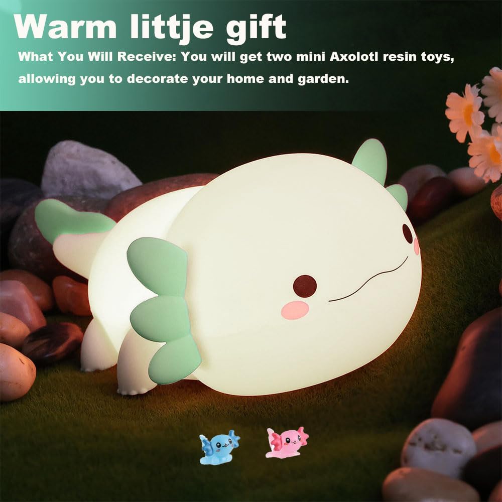 Cute Axolotl Night Light for Kids Bedroom, Animal Silicone Nursery Night Lamp Touch Control Nightlights USB Rechargeable Bedside Lamp for Baby Children Toddlers Girls Gift