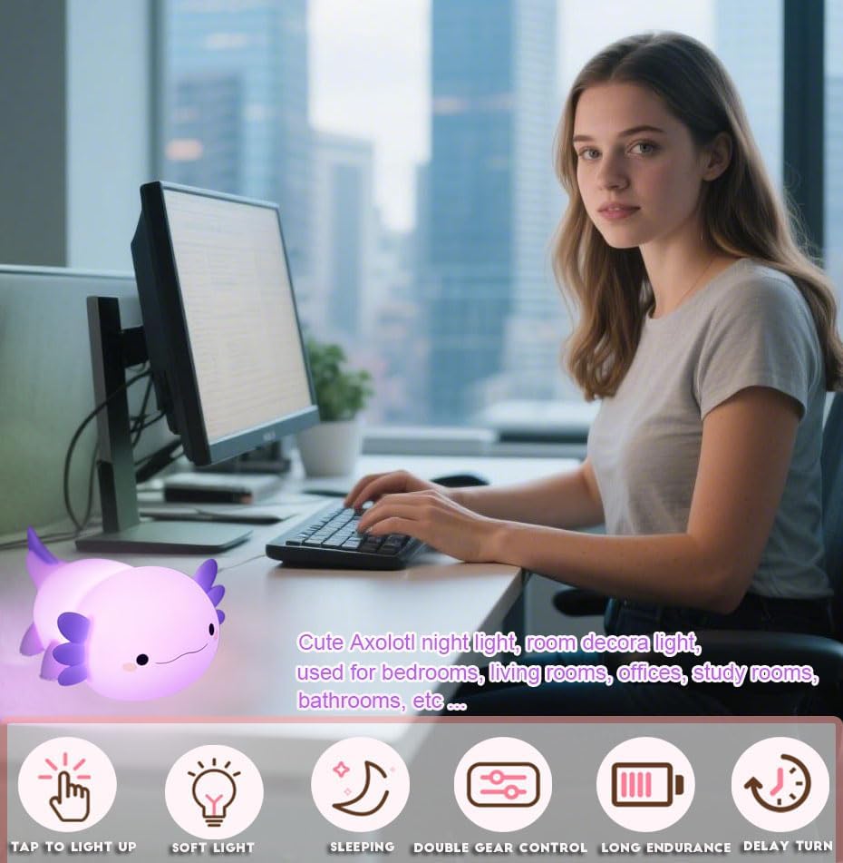 DREAMING MY DREAM Axolotl Night Light for Kids,Cute Axolotl Gifts lamp Rechargeable Light Table Bedside Lamp,LED Animal Silicone Nursery Night Lamp Cute Room Decor for Kids Girls Boys