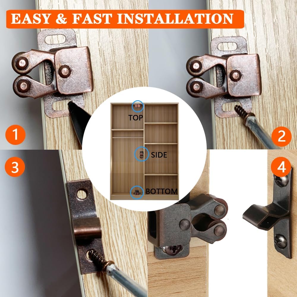 2 Pack Cabinet Latch Double Roller Catch for Cupboard Closet Cabinet Door Latches and Catches, Bronze