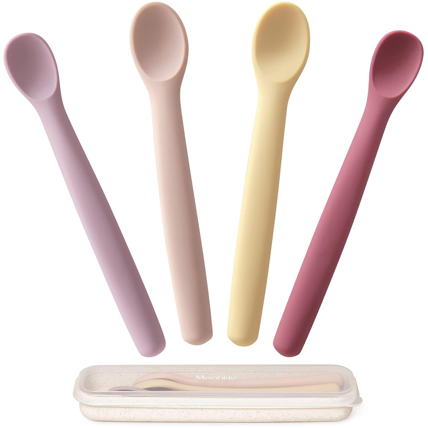 Moonkie Silicone Baby Spoons Set of 4, Two Sizes Feeding Spoon for First Stage 4+ Months, Baby Utensils with Case, Toddler Led Weaning Spoons, Bendable, Chewproof & Boil-proof