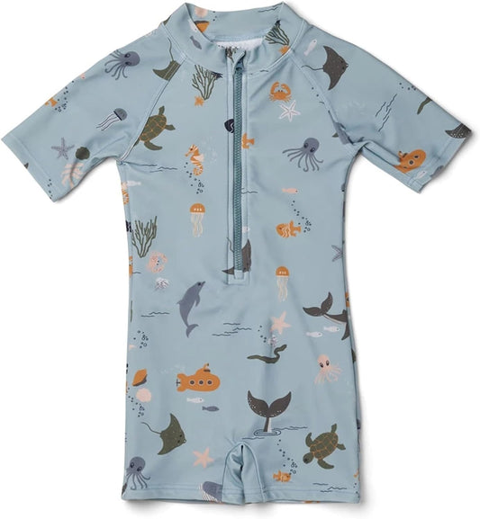 Boys One Piece Swimsuit Whale Dolphin Bathing Suit Zipper Rash Guard Kid Short Sleeve Swimwear Shark Beach Wear UPF50+