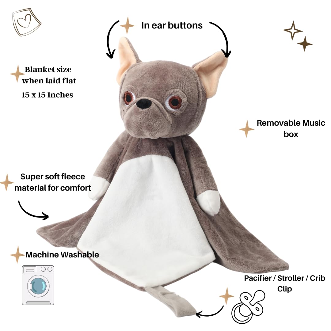 Love By Emi Baby Music Lovey Brown Bulldog, Baby Sleep Soother for Crib & Cuddle Bedtime, White Noise with Heartbeat & Lullaby, Plush Sound Machine Toy, Stuffed Animal for Newborns, Infants & Toddlers