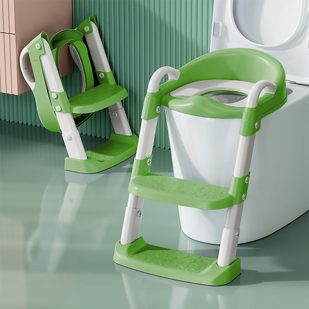 Potty Training Toilet Seat For Boys Girls, Toddler Toilet Seat With Step Stool Ladder, Foldable Toddler Potty Seat For Toilet With Non-Slip Design, Adjustable Height (Green & White)