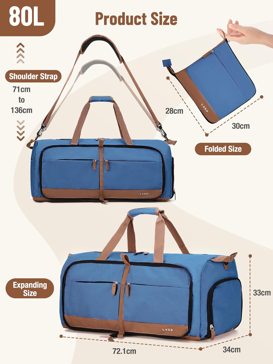 Lekesky Foldable Travel Duffel Bag for Women, 80L Large Duffle Bag with Separate Shoes Compartments & Straps, Carry On Weekend Bag for Women, Hospital, Overnight(Navy Blue)