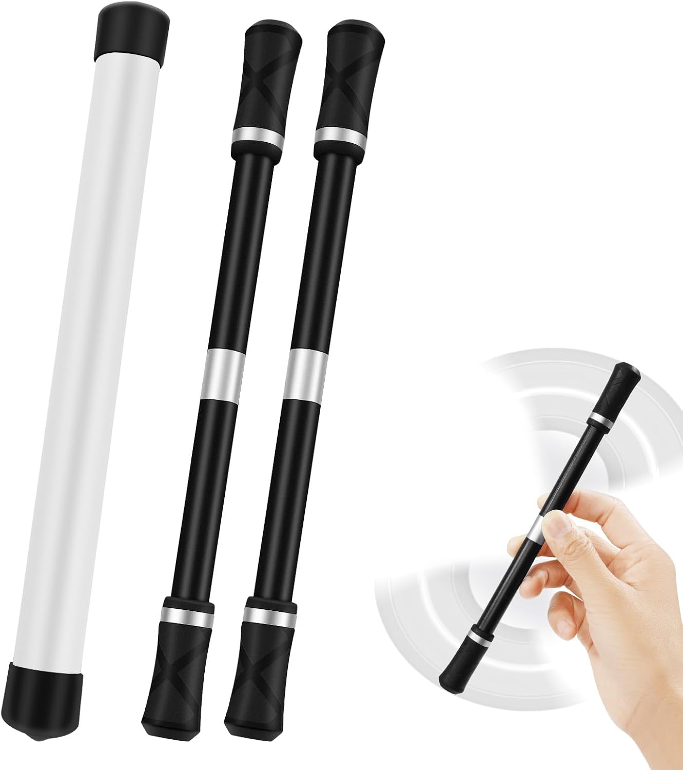 2 Pieces Pen Spinning Spinner Pen Gaming Pen Spinning Mod Gaming Spinning Pens Flying Spinning Pen Finger Rotating Pen for Kids Adults Office Supplies with Instruction Manual (Silver)