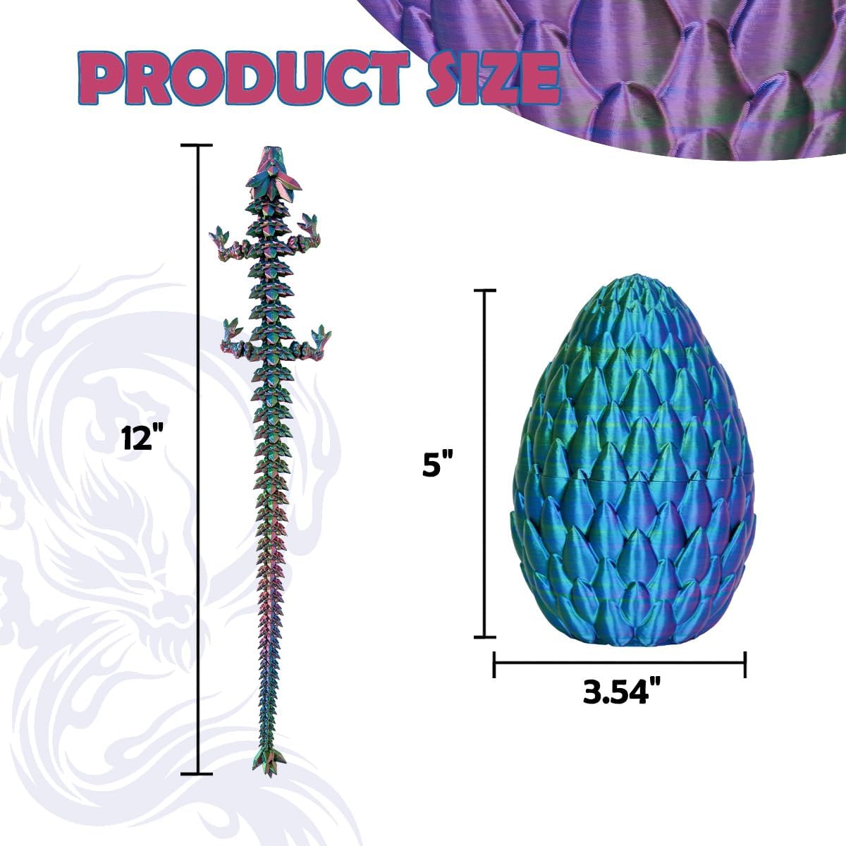Dragon Eggs with Dragon Inside, 12In 3 Color Dazzle 3D Printed Dragon Egg Desktop Motion Toys, Executive Desk Articulated Dragon Toy, Home Office Decor