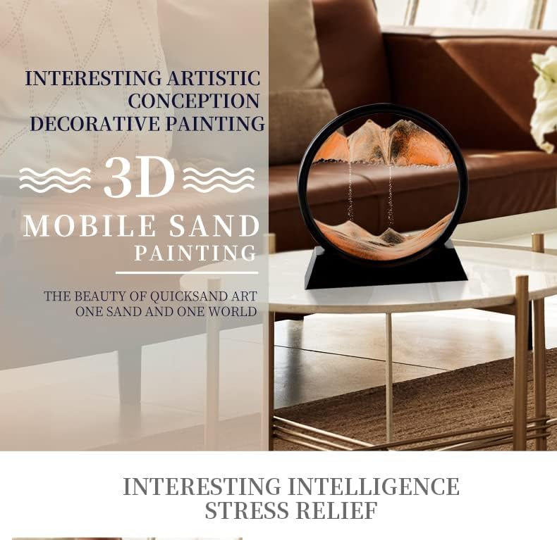 Moving Sand Art Picture 3D Deep Sea Sandscapes Sand Art Liquid Motion Bubbler Timer for Adult Kid Desktop Art Toys for Home Decor and Office(Round+Gold+7In)