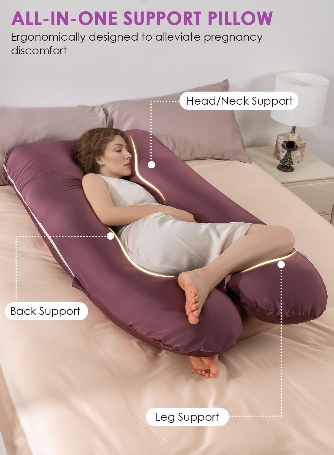 QUEEN ROSE Pregnancy Pillow, Maternity Body Pillow for Sleeping, U Shaped Pillow for Body Support Sleeping, Silky Satin Cover, Purple