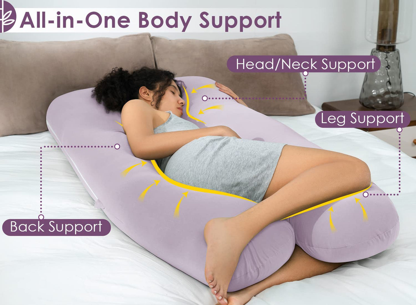 QUEEN ROSE Cooling Pregnancy Pillows, U Shaped Full Body Maternity Pillow for Pregnant Support, Rayon Derived from Bamboo, Buttery Soft, Super Breathable for Hot Sleeper, Purple